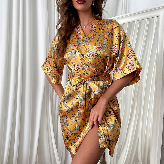  Women's 1 pc Pajamas Robes Gown Bathrobes Fashion Retro Comfort Flower Silk Home Wedding Party Spa V Wire Half Sleeve Lace up Print Spring Summer Yellow / Satin