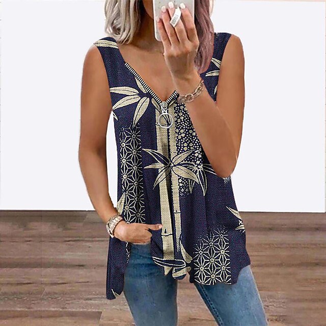  Women's Tank Top Vest Wine Blue Gray Leaf Flowing tunic Quarter Zip Print Sleeveless Daily Weekend Streetwear Casual V Neck Regular Fit Floral
