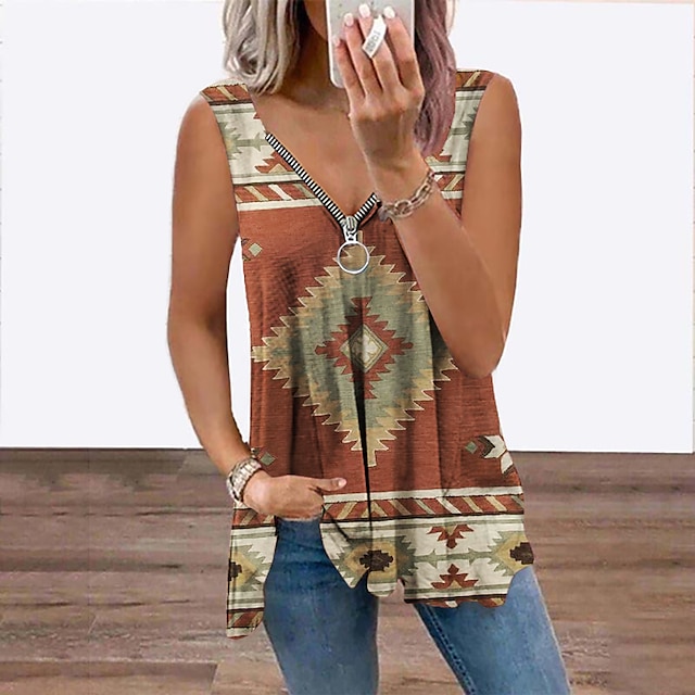  Women's Tank Top Vest Geometric Geometric Abstract V Neck Flowing tunic Quarter Zip Print Ethnic Casual Tops Green Purple Red / 3D Print