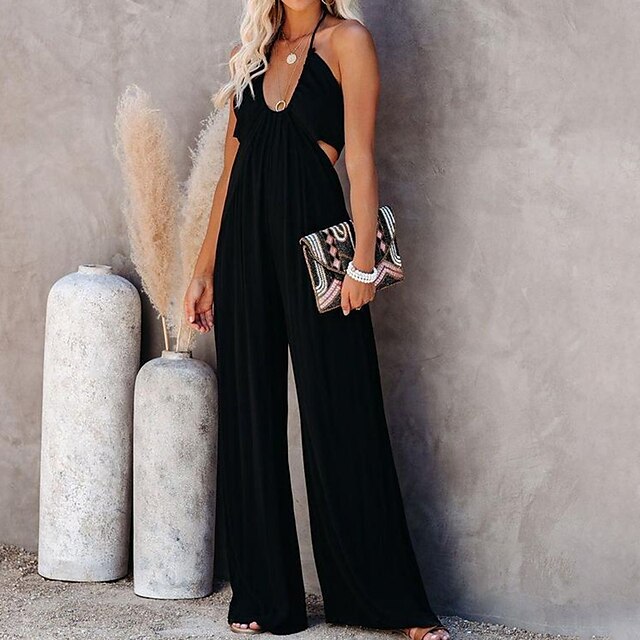 Women's Jumpsuit Solid Color Backless Cut Out Elegant Halter Neck Wide Leg Daily Going out Sleeveless Regular Fit Black S M L Summer / Deep U