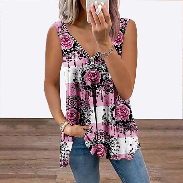  Women's Floral Daily Weekend Floral Sleeveless Tank Top Vest V Neck Flowing tunic Quarter Zip Print Casual Streetwear Tops Blue Pink Yellow S / 3D Print