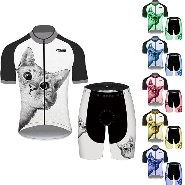  21Grams® Men's Women's Cycling Jersey with Shorts Short Sleeve - Summer Spandex Polyester Black+White Cat Funny Animal Bike UV Resistant 3D Pad Breathable Quick Dry Reflective Strips Clothing Suit
