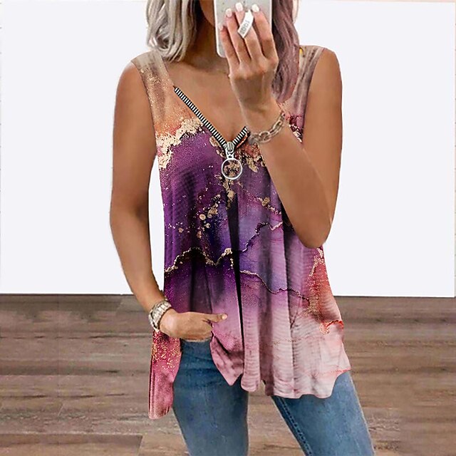  Women's Graphic Patterned Abstract Daily Weekend Sleeveless Tank Top Vest V Neck Flowing tunic Quarter Zip Print Casual Streetwear Tops Green Purple Yellow S / 3D Print