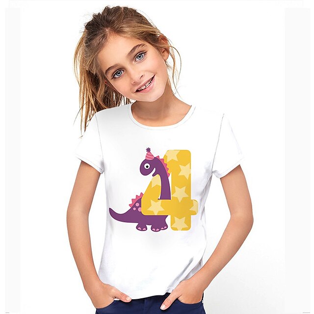  Børn Pige T-shirt Kortærmet 3D-udskrivning Dinosaurus Bogstaver Dyr Hvid Børn Toppe Aktiv Mode Gade Forår Sommer Fødselsdag Daglig Indendørs Regulær 3-12 år / Sød Stil