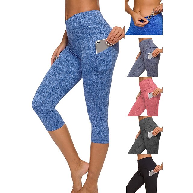  Mujer Pantalones de yoga Alta cintura Leggings Capri Prendas de abajo Bolsillos laterales Bolsillo oculto en la cintura Control de barriga Levantamiento de tope Estiramiento de 4 maneras Vino Azul