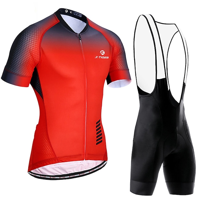  Men's Short Sleeve Cycling Jersey with Bib Shorts Mountain Bike MTB Road Bike Cycling Red Blue Gradient Bike Spandex Polyester Clothing Suit 3D Pad Breathable Quick Dry Reflective Strips Sports