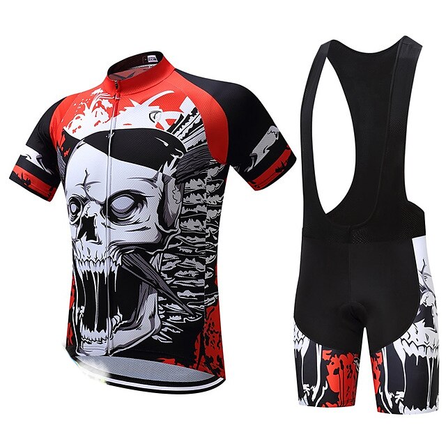  21Grams Men's Short Sleeve Cycling Jersey with Bib Shorts Mountain Bike MTB Road Bike Cycling Red Skull Bike Spandex Polyester Clothing Suit 3D Pad Breathable Quick Dry Moisture Wicking Back Pocket