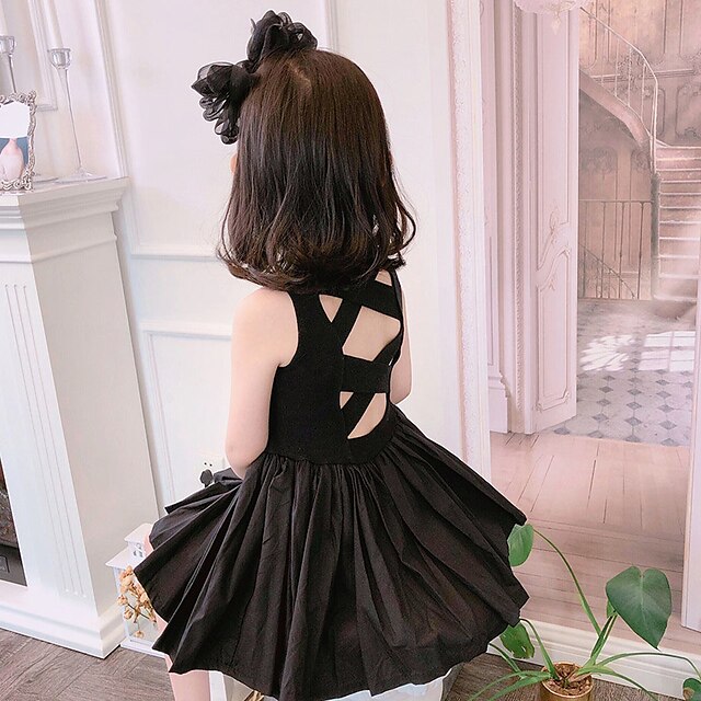  Toddler Little Girls' Dress Solid Colored Daily A Line Dress Hole Black Knee-length Sleeveless Princess Dresses Summer Children's Day Regular Fit 2-6 Years