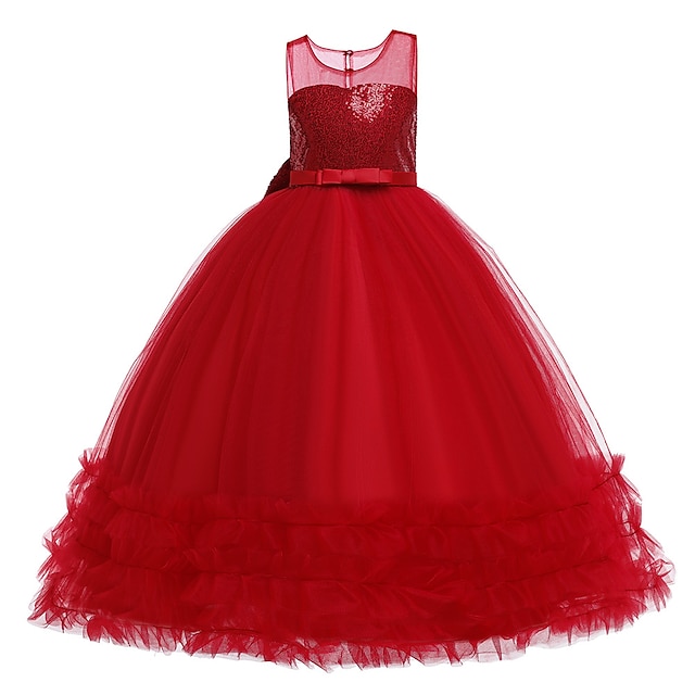  Kids Little Girls' Dress Plain Party Daily Tulle Dress Sequins Pink Red Beige Maxi Sleeveless Elegant Cute Dresses Spring Summer Children's Day Slim 4-13 Years