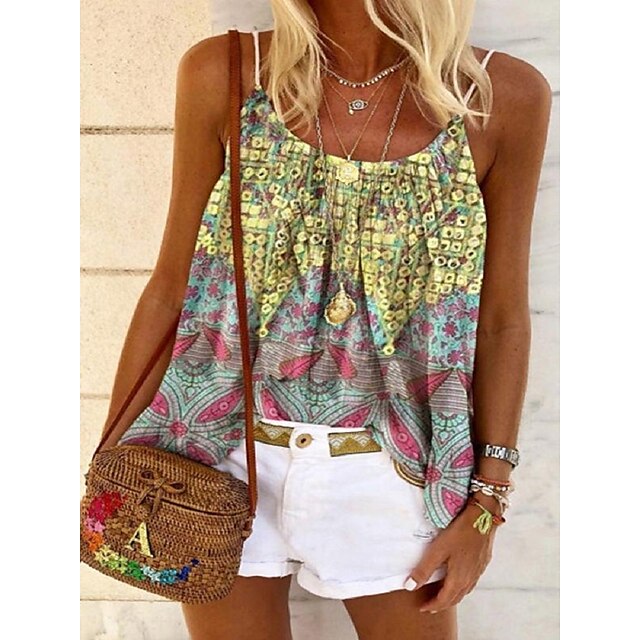  Women's Camisole Floral Theme Bohemian Theme Geometric Floral Leaf Flower U Neck Patchwork Print Bohemian Style Casual Sexy Tops Yellow / 3D Print