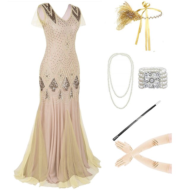  The Great Gatsby Roaring 20s 1920s Cocktail Dress Vintage Dress Flapper Dress Outfits Prom Dress Accesories Set Women's Tassel Fringe Costume Vintage Cosplay Party Prom Short Sleeve Floor Length Dress