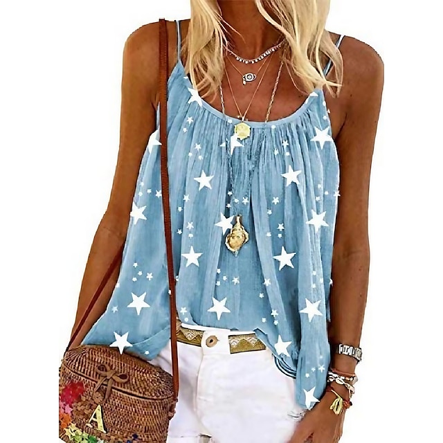  Women's Plus Size Casual Blue Cami Shirts Summer Sleeveless Stars Print Scoope Neck Spaghetti Straps Loose Flowy Tank Tops for Teen Girls 2XL