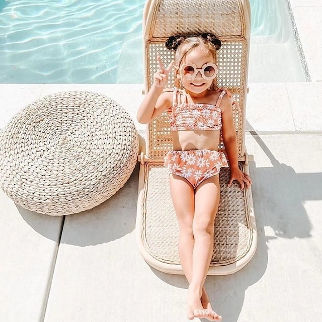  Kids Girls' Two Piece Swimwear Swimsuit Ruched Ruffle Print Swimwear Sleeveless Floral Brown Active Cute Outdoor Beach Bathing Suits 1-5 Years / Spring / Summer
