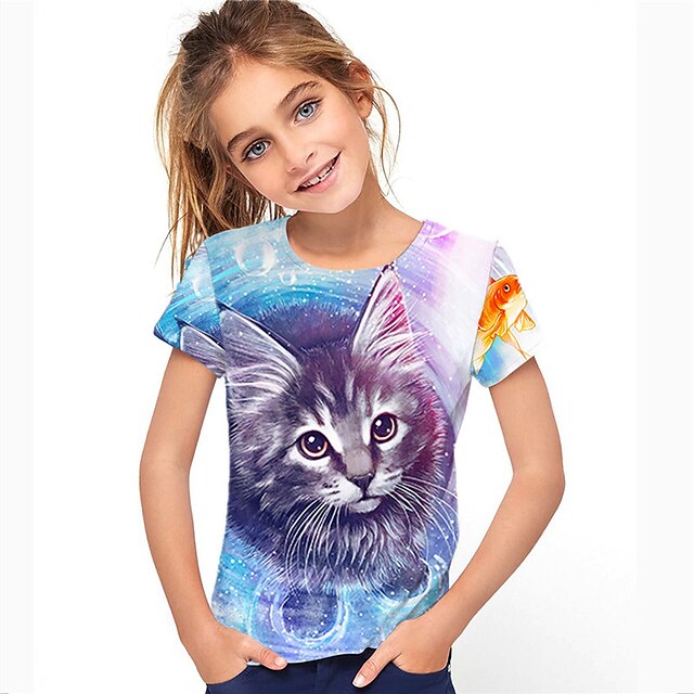  Kids Girls' T shirt Short Sleeve 3D Print Cat Animal Purple Children Tops Active Fashion Streetwear Spring Summer Daily Indoor Outdoor Regular Fit 3-12 Years / Cute