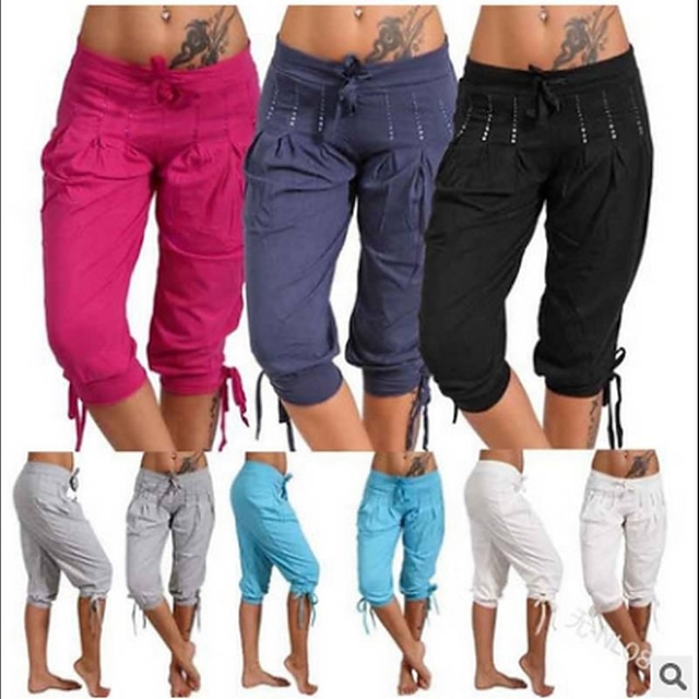  Calças de moletom femininas capri joggers jeans cropped jogger calças de corrida lounge soltas calças de ioga com cadarço no tornozelo preto
