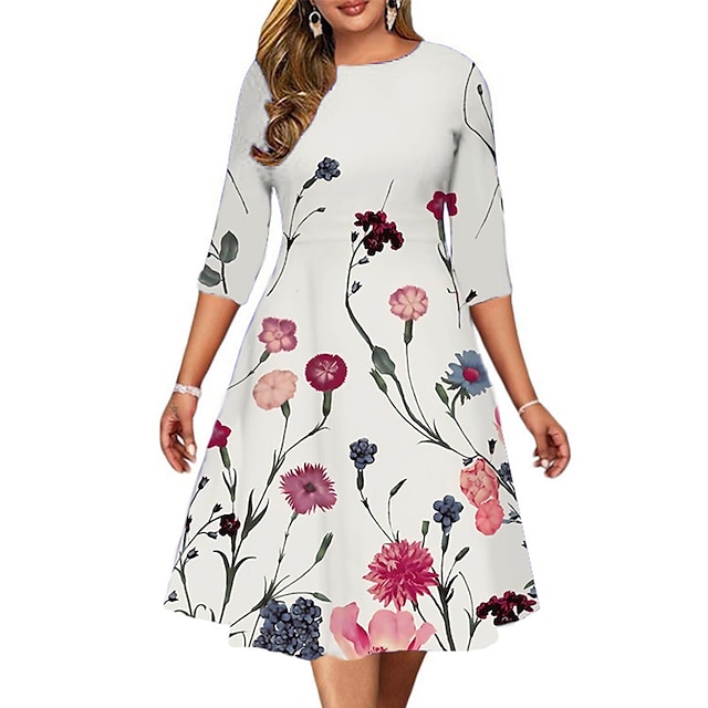  Women's Plus Size Floral Holiday Dress Print Crew Neck 3/4 Length Sleeve Casual Spring Summer Causal Daily Midi Dress Dress