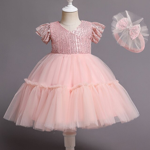 Toddler Little Girls' Dress Sequin Party Performance Tulle Dress Sequins Bow Green Pink Red Knee-length Short Sleeve Princess Cute Dresses Spring Summer Children's Day Slim 1-5 Years