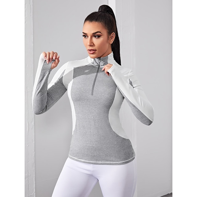  Women's Stand Collar Yoga Top Winter Solid Color Gray+White Yoga Fitness Gym Workout Sweatshirt Shirt Long Sleeve Sport Activewear High Elasticity Breathable Quick Dry Comfortable Slim