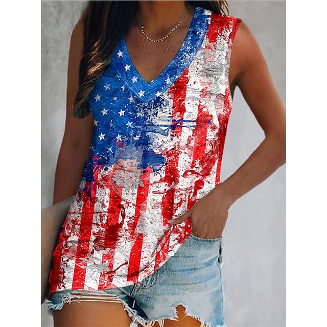  Women's Flag Casual Daily Holiday Sleeveless Tank Top Camis V Neck Patchwork Print Basic Essential Casual Beach Tops Rainbow S / 3D Print