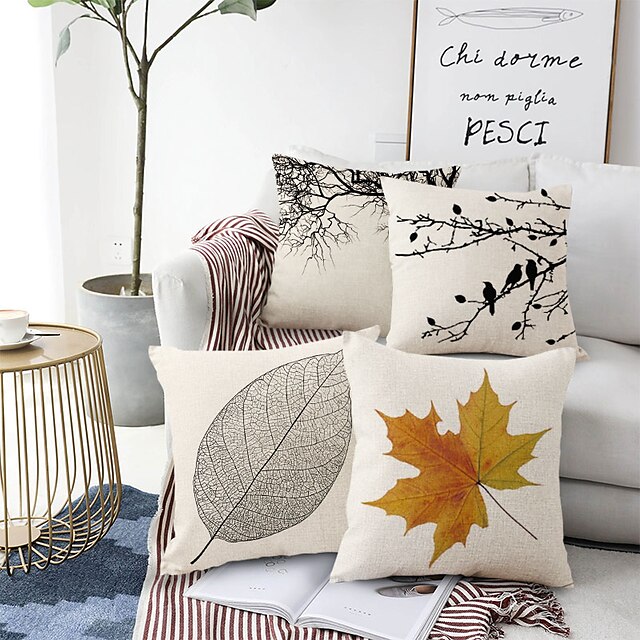  Simple Leaves 4 pcs Cotton / Faux Linen Pillow Cover, Rustic Square Traditional Classic Home Sofa Decorative Outdoor Cushion for Sofa Couch Bed Chair
