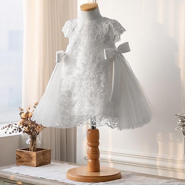  Kids Little Girls' Dress Solid Colored Party Wedding Special Occasion Lace up Bow White Short Sleeve Elegant Vintage Princess Dresses Spring Summer 3-12 Years