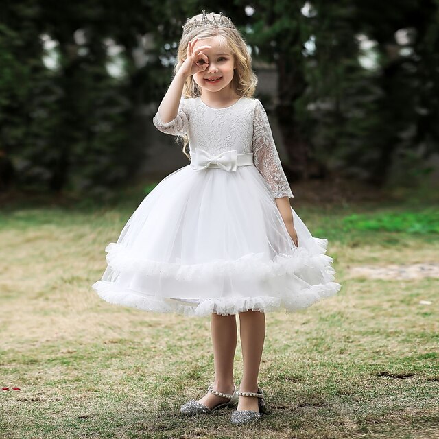  Kids Little Girls' Dress Plain Party Birthday Tulle Dress Lace Trims Bow White Pink Light Green Knee-length Long Sleeve Princess Cute Dresses Spring Summer Children's Day Slim 3-10 Years