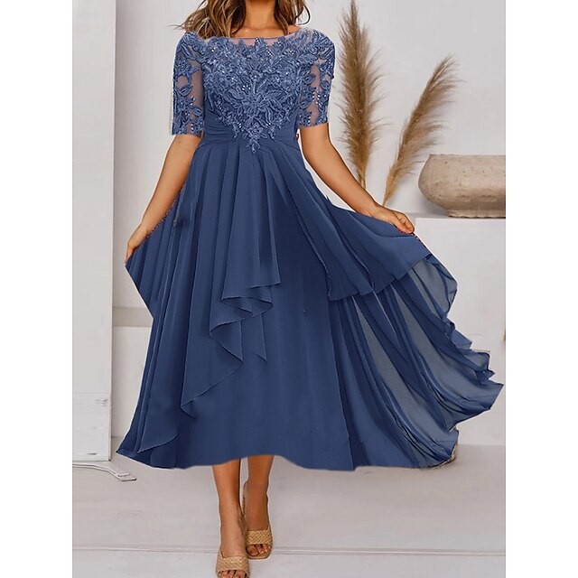  Women's Semi Formal Party Dress Lace Dress Midi Dress Wine Blue Green Short Sleeve Embroidery Lace Fall Spring Summer Crew Neck Fashion Wedding Guest Fall Dress