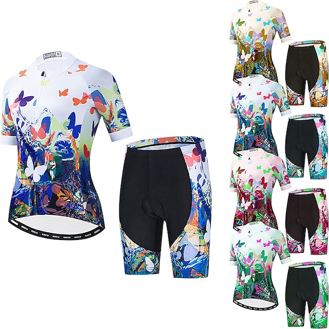  21Grams Women's Short Sleeve Cycling Jersey with Shorts Mountain Bike MTB Road Bike Cycling Green Red Blue White Butterfly Graffiti Bike Spandex Polyester Clothing Suit 3D Pad Breathable Quick Dry