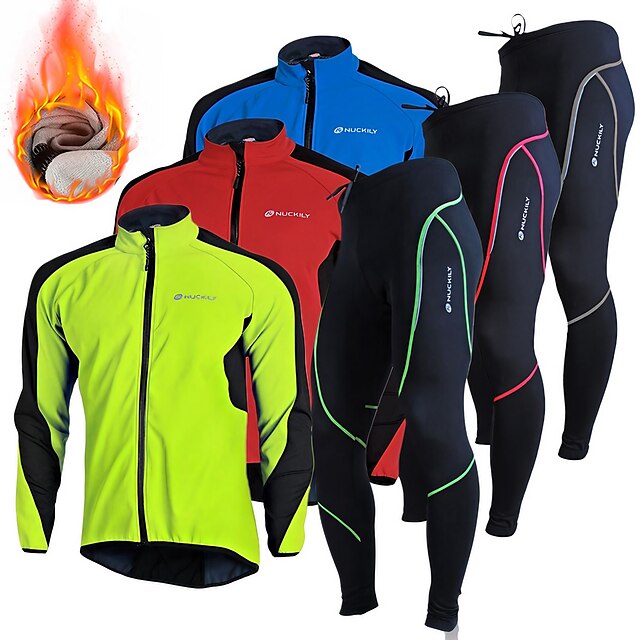  Nuckily Men's Long Sleeve Cycling Jacket with Pants Mountain Bike MTB Road Bike Cycling Winter Green Red Blue Bike Fleece Silicone Clothing Suit Thermal Warm Waterproof Windproof 3D Pad Warm Sports
