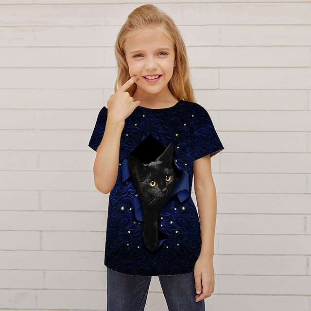  Kids Girls' T shirt Short Sleeve 3D Print Cat Animal Navy Blue Children Tops Active Fashion Streetwear Spring Summer Daily Indoor Outdoor Regular Fit 3-12 Years / Cute