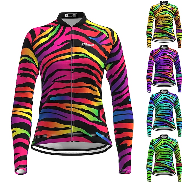  21Grams Women's Cycling Jersey Long Sleeve Bike Jersey Top with 3 Rear Pockets Breathable Quick Dry Moisture Wicking Mountain Bike MTB Road Bike Cycling Green Purple Yellow Spandex Polyester Zebra