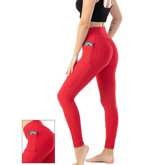  Women's Yoga Pants Tummy Control Butt Lift Breathable with Phone Pocket Jacquard Yoga Fitness Gym Workout High Waist Tights Leggings Bottoms Rust Red White Black Winter Sports Activewear High