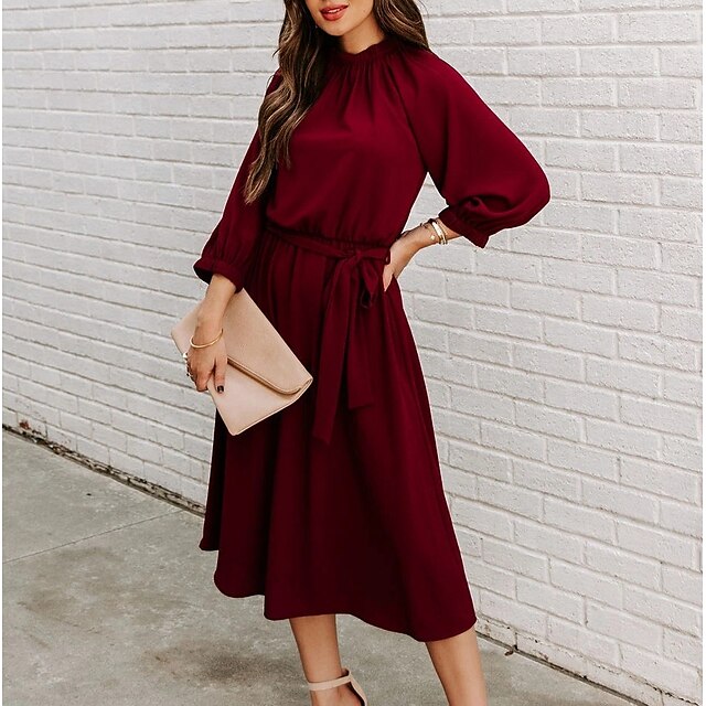  Women's Work Dress Shift Dress Church Dress Midi Dress Red Wine Green Long Sleeve Pure Color Lace up Summer Spring Crew Neck Basic Fall Dress Loose Fit 2023 S M L XL