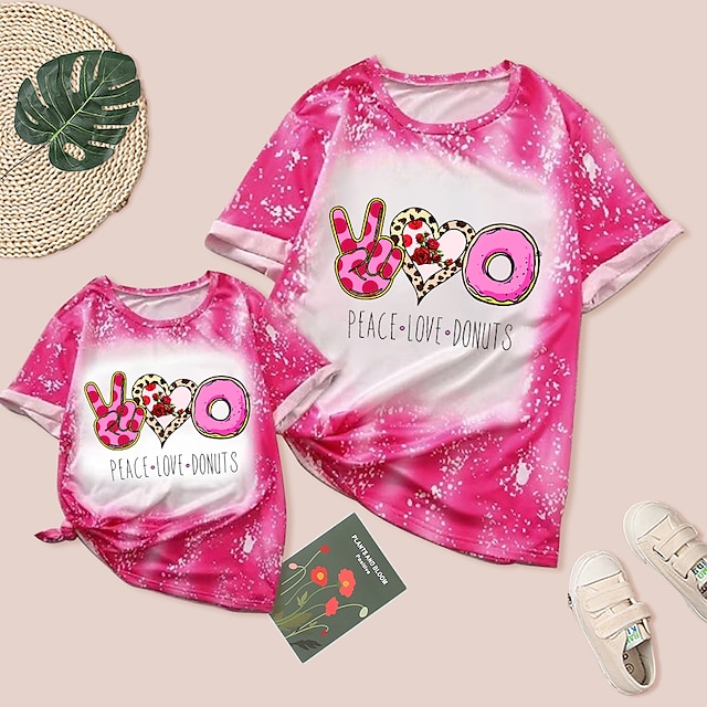  Mami y yo San valentin Camiseta Tops Casual Corazón Rosa Letra Estampado Rosa Manga Corta Diario Trajes a juego / Verano / Estilo lindo