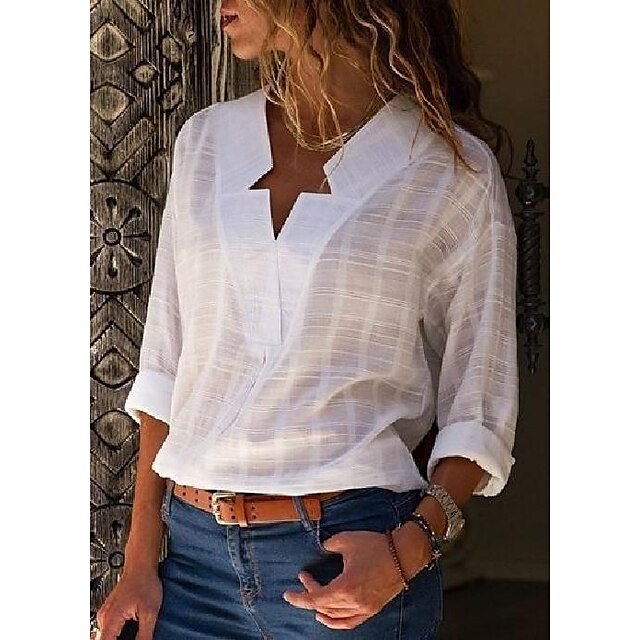  Women's Blouse Plain Casual Daily Long Sleeve Blouse Shirt V Neck Basic Essential Elegant Vintage White Black Pink S
