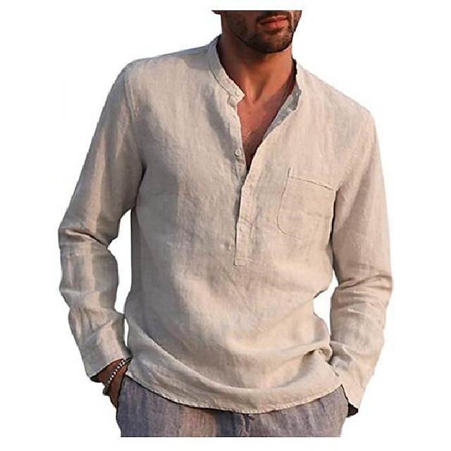  Men's Shirt Linen Shirt Collar V Neck Solid Color Light Blue White Black Gray Red Wine Long Sleeve Street Beach Tops Lightweight Breathable / Wet and Dry Cleaning