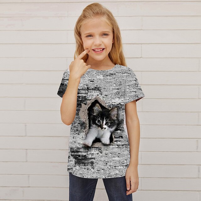  Børn Pige T-shirt Kortærmet 3D-udskrivning Kat Dyr Grå Børn Toppe Aktiv Mode Gade Forår Sommer Daglig Indendørs udendørs Regulær 3-12 år / Sød Stil