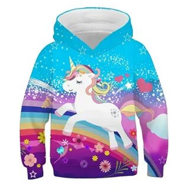  Kids Girls' Hoodie Long Sleeve 3D Print Pocket Rainbow Unicorn Animal Blue Children Tops Fashion Streetwear Adorable Fall Winter Daily Indoor Outdoor Regular Fit 3-12 Years / Spring