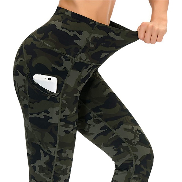  Women's Yoga Pants Tummy Control Butt Lift Quick Dry Side Pockets Yoga Fitness Gym Workout High Waist Camo / Camouflage Leggings Bottoms Black Army Green Dark Gray Winter Spandex Sports Activewear