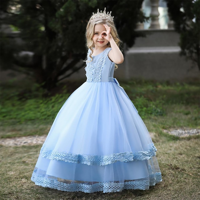  Kids Little Girls' Dress Plain Special Occasion Birthday Tulle Dress Mesh Lace Trims Blue White Pink Maxi Sleeveless Beautiful Cute Dresses Spring Summer Children's Day Slim 4-13 Years
