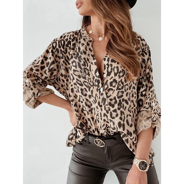  Women's Blouse Shirt Yellow Khaki Gray Button Print Leopard Long Sleeve V Neck Streetwear Casual Regular S
