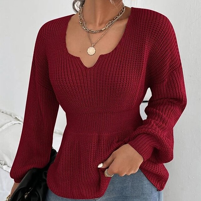  Women's Pullover Sweater jumper Jumper Ribbed Knit Knitted Crew Neck Pure Color Outdoor Daily Stylish Elegant Spring Summer Green Wine S M L / Long Sleeve / Holiday / Casual / Regular Fit / Going out