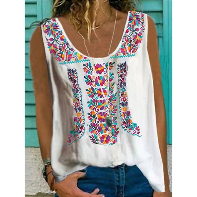  Women's Floral Casual Daily Holiday Boho Sleeveless Tank Top Camis Round Neck Patchwork Print Ethnic Casual Tops Loose White S / 3D Print