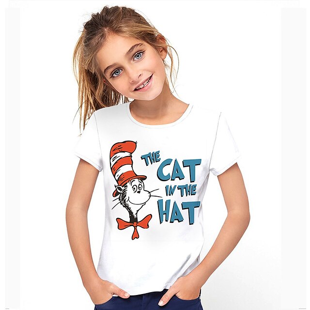  Kids Girls' T shirt Short Sleeve 3D Print Cat Letter Animal White Children Tops Active Fashion Streetwear Spring Summer Daily Indoor Outdoor Regular Fit 3-12 Years / Cute