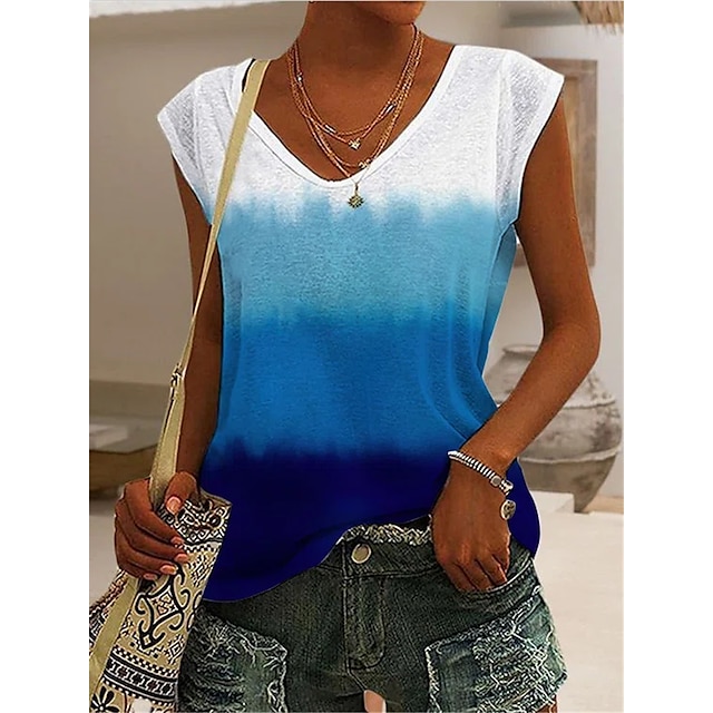  Women's Tank Top Color Gradient Casual Daily Holiday Sleeveless Tank Top Camis V Neck Patchwork Print Basic Essential Casual Beach Blue S / 3D Print