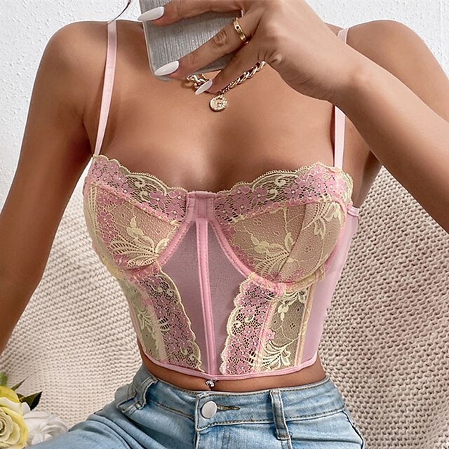  Corset Women's Breathable Comfortable Corset Tops Flower Backless Push Up Embroidery Polyester Not Specified Spring Summer Club Walking Pink / Lace / Lace