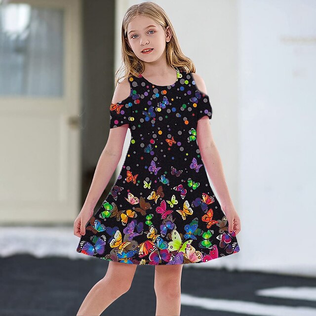  Kids Little Girls' Dress Butterfly Animal Daily Holiday Vacation A Line Dress Print Black Above Knee Short Sleeve Casual Cute Sweet Dresses Spring Summer Regular Fit 3-12 Years