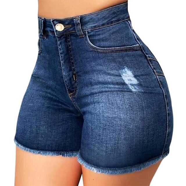  Women's Fashion Tassel Fringe Side Pockets Jeans Shorts Hot Pants Short Pants Micro-elastic Weekend Streetwear Denim Solid Color High Waist Comfort Gray Dark Blue S M L XL XXL