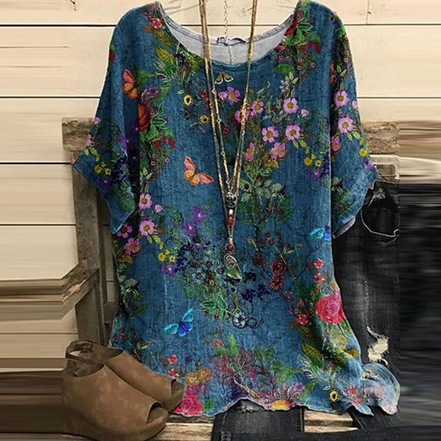  Damen Übergröße T Shirt Bluse Rosa Blau Purpur Blumen Bedruckt Kurzarm Täglich Urlaub Ausgehen Strassenmode Rundhalsausschnitt Regular Fit Sommer Frühling Herbst