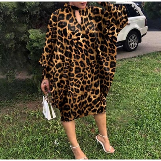  Women's Knee Length Dress Shift Dress Black Gray Yellow Long Sleeve Print Leopard Stand Collar Fall Winter Elegant Casual 2022 S M L XL XXL 3XL 4XL 5XL / Cotton